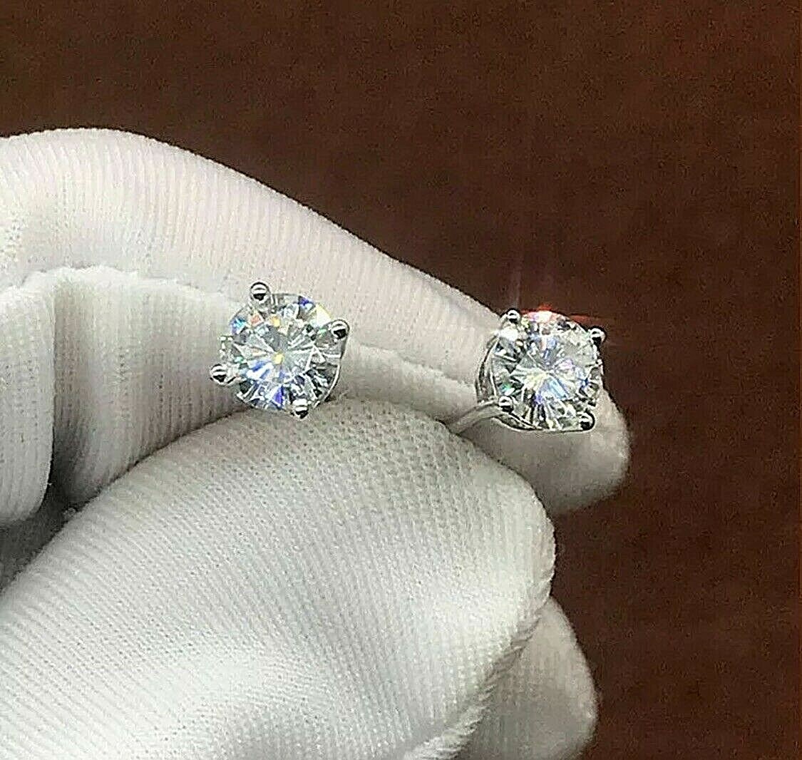 1 Ct Round Lab Created VVS1/D Solitaire Stud Earrings 14k White Gold 6mm Push Bk