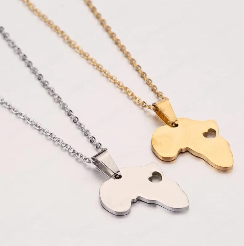 Africa Map Necklace Heart Pendant Jewelry for Women Men Gift, Stainless Steel