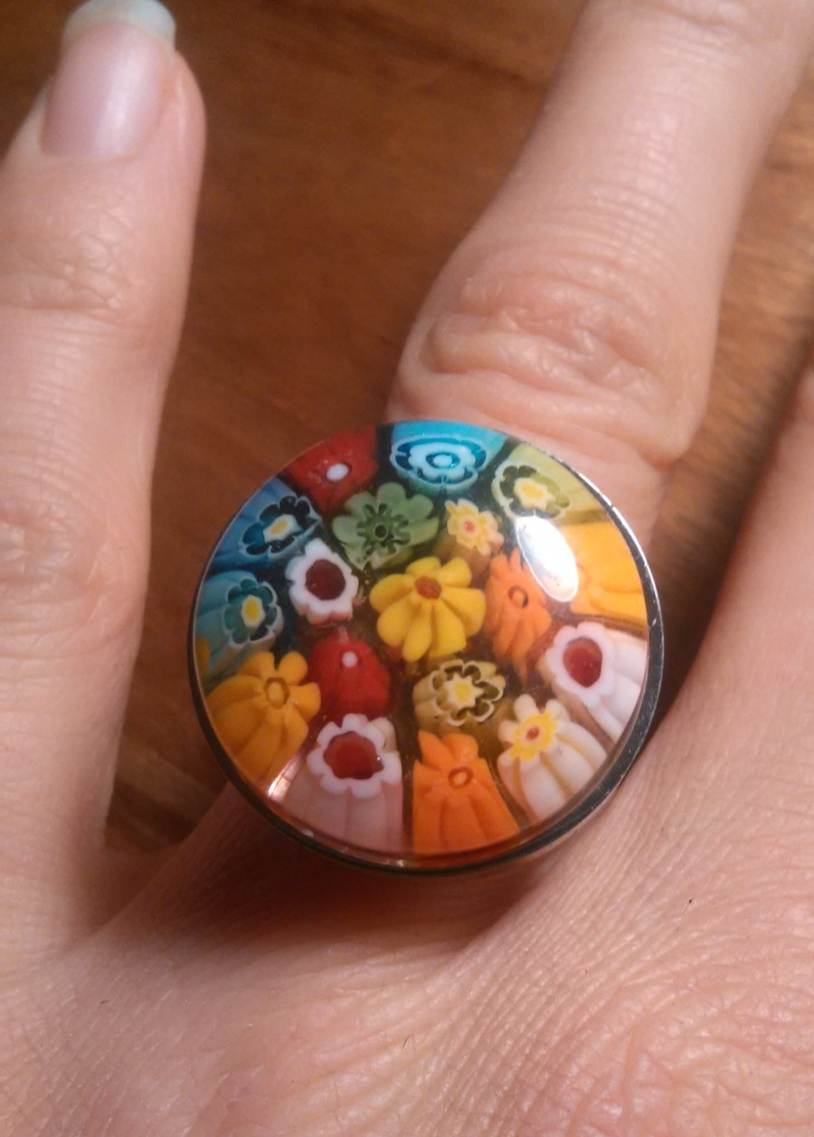 Multi Color Murano Style Glass Stainless Steel Ring (Size 7)