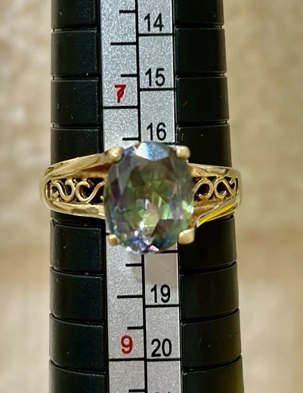 10K Yellow Gold Oval Multicolor Mystic Topaz Prong Ring Size 8 2mm Band