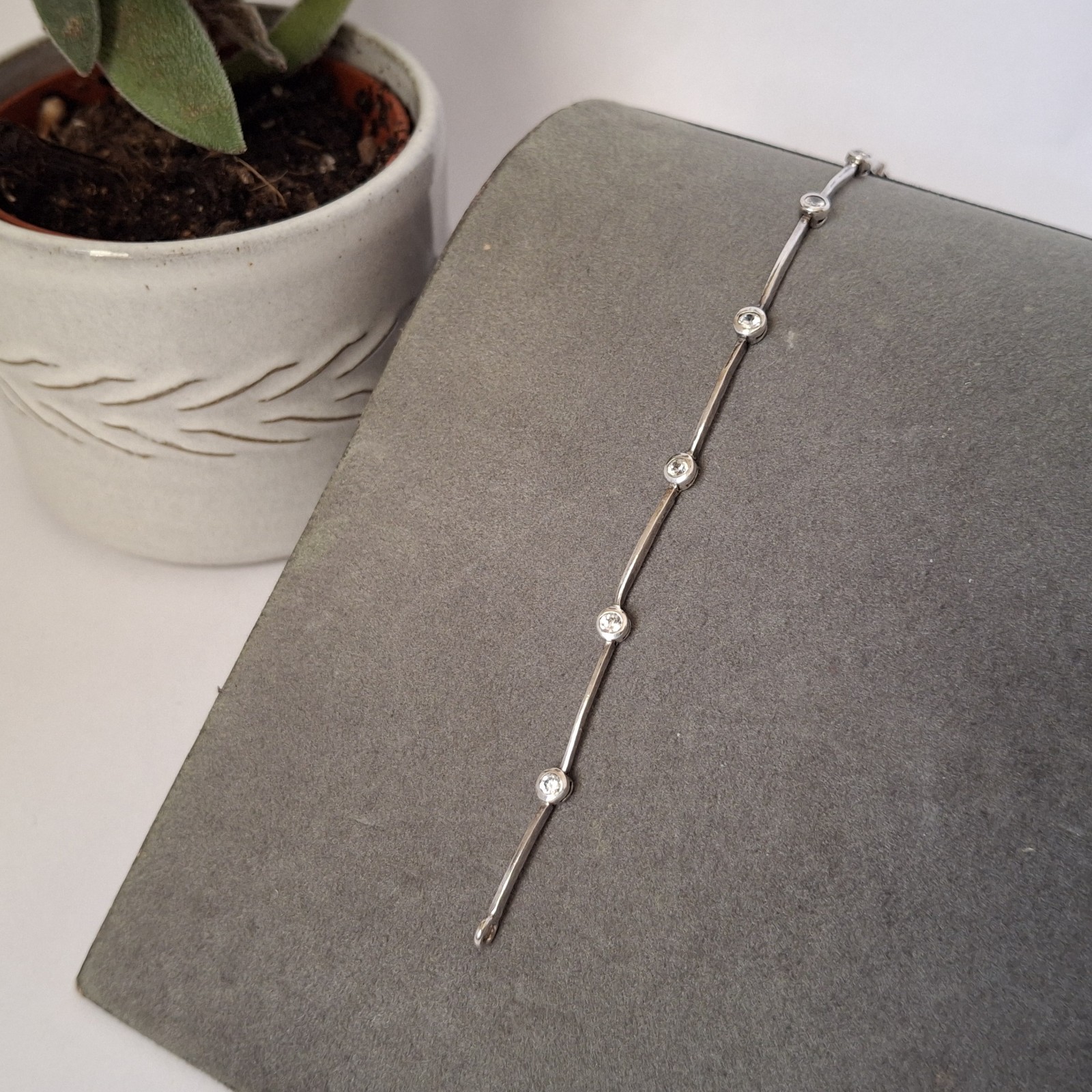 925 Sterling Silver CZ Station Link Bracelet Modern Minimalist Wedding Sparkle