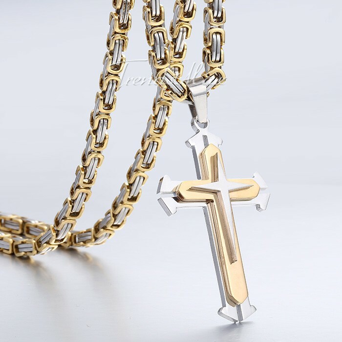Silver/Gold Plated Mens Chain Cross Byzantine Stainless Steel PENDANT NECKLACE