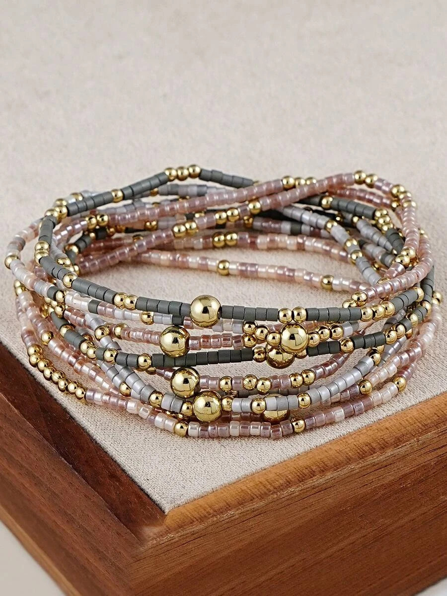 Boho Women Stackable Beaded Multilayered Bracelets, Multicolor Jewelry Lot of 16