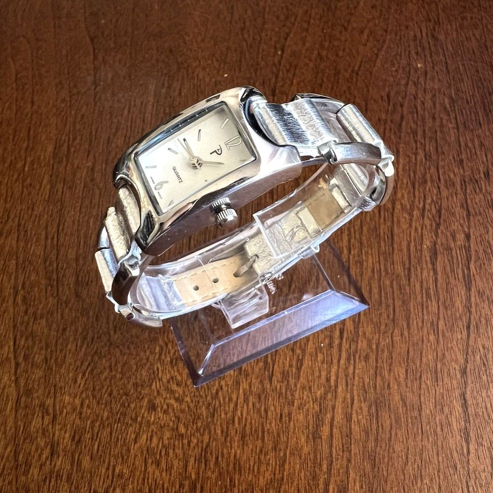 Vintage “P” Women’s Watch Silver Tone New Battery Rectangle Face White 8 in.