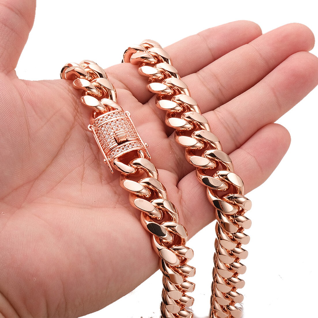 Men Women Rose Gold Stainless Steel Miami Cuban Link Chain Necklace CZ Clasp