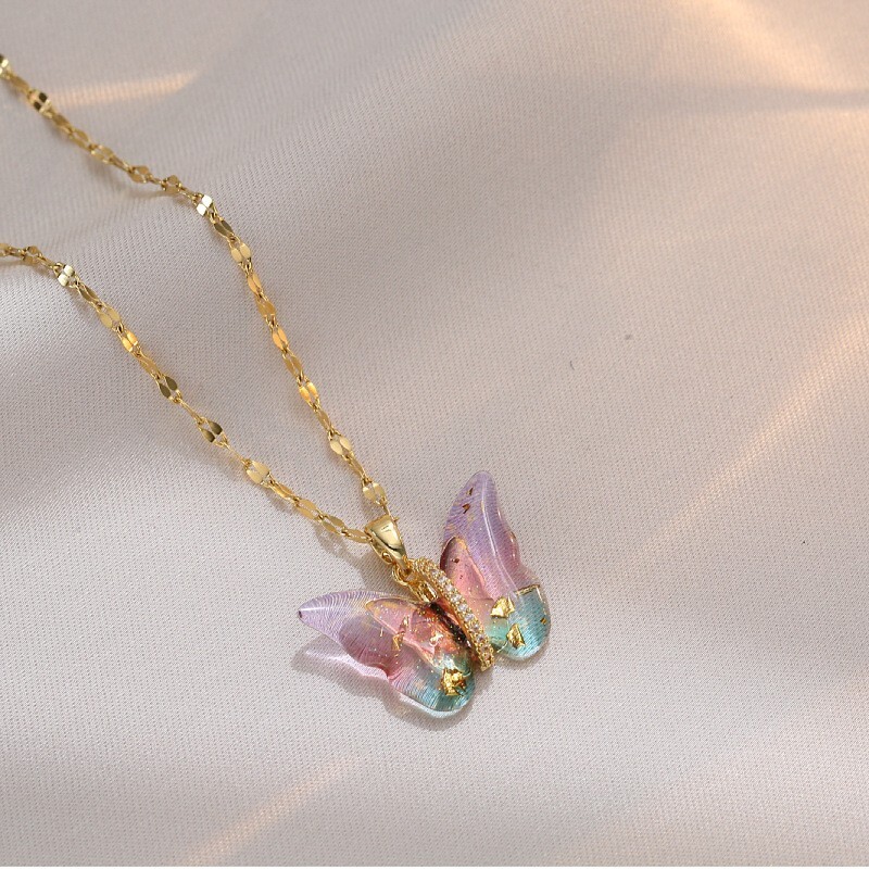 Colored Stone Butterfly Pendant Necklace in Stainless Steel