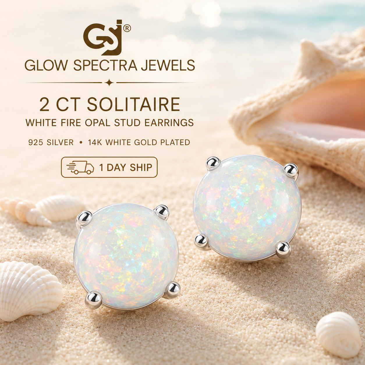 2CT Solitaire Lab Created Fir Opal Stud Erring 925 Silver 14k White Gold Plated