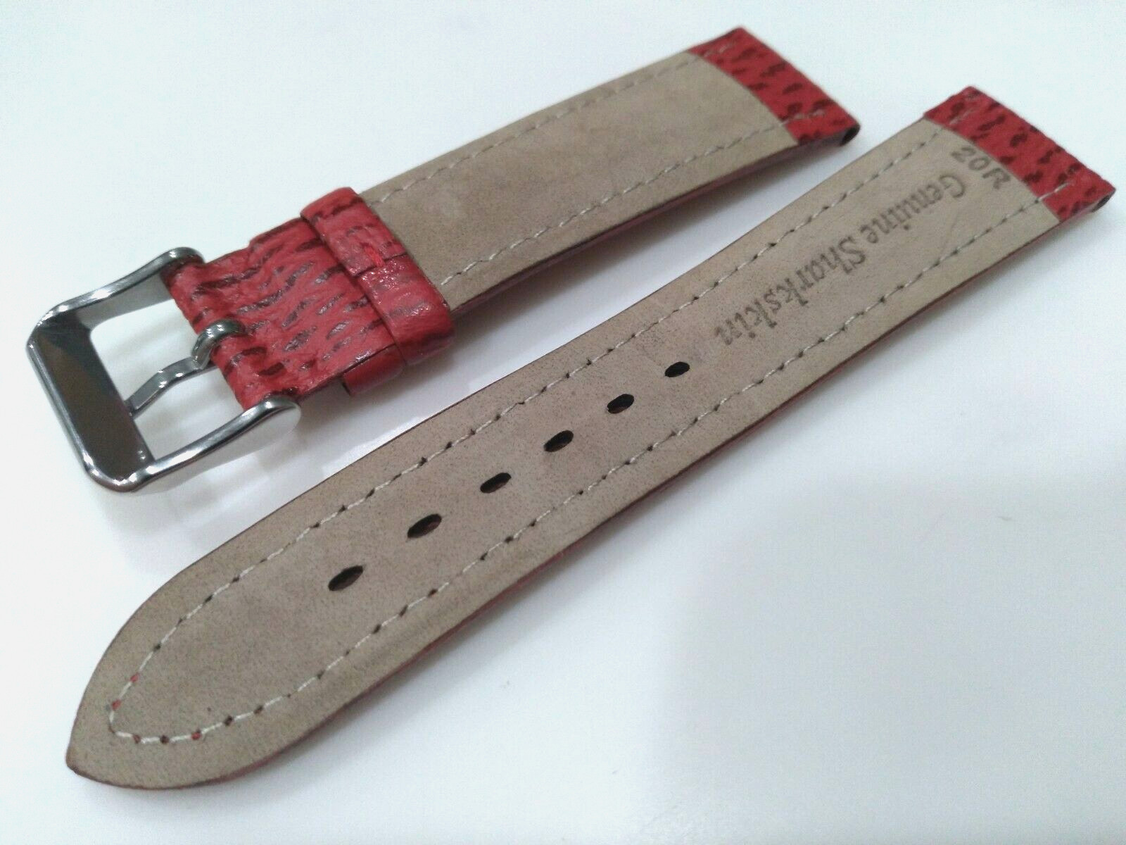 Red Genuine Shark Sharkskin 20mm Regular Padded Watch Band Silver Tone Buckle
