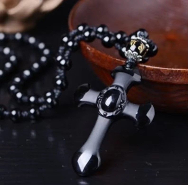Natural crystal black obsidian cross necklace Amulet pendant with chain