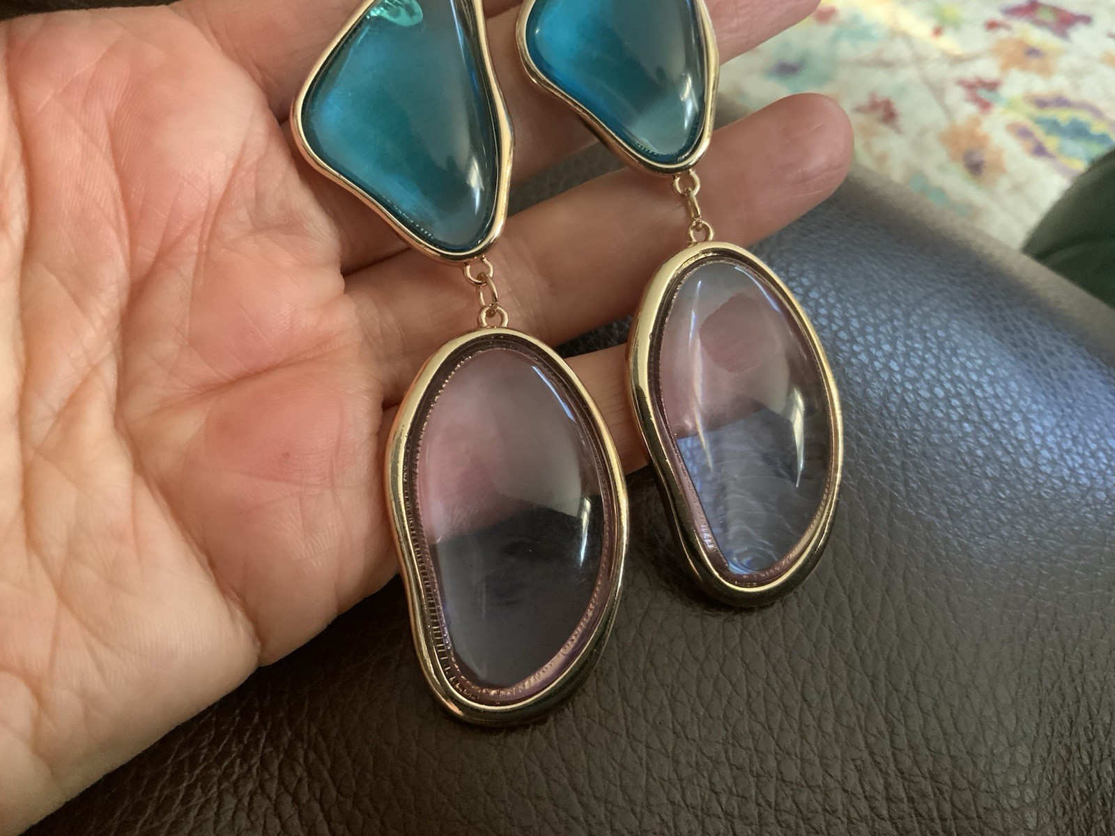 Zara Clear Earrings Gripoix Lucite Gold Cabochon Boho Geometric Statement VTG