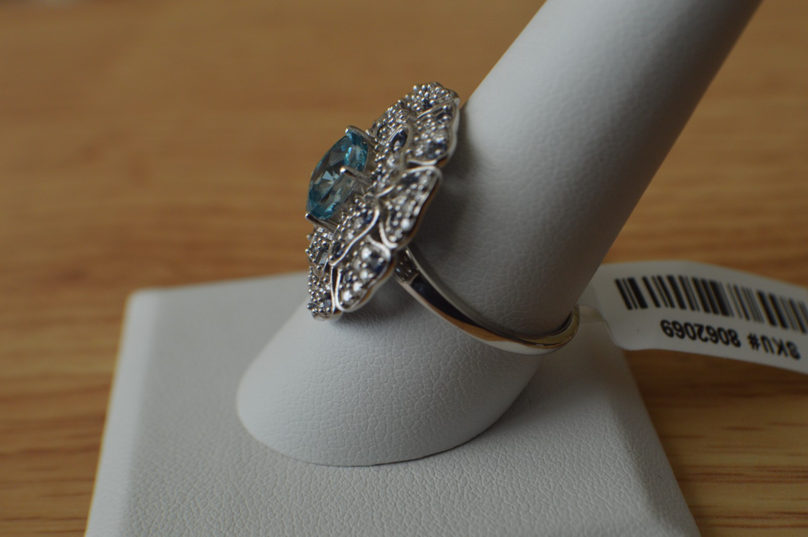 4.10ct Cambodian Blue Zircon /Multigem Ring Rhodium Plated over Fine Silver Sz 9