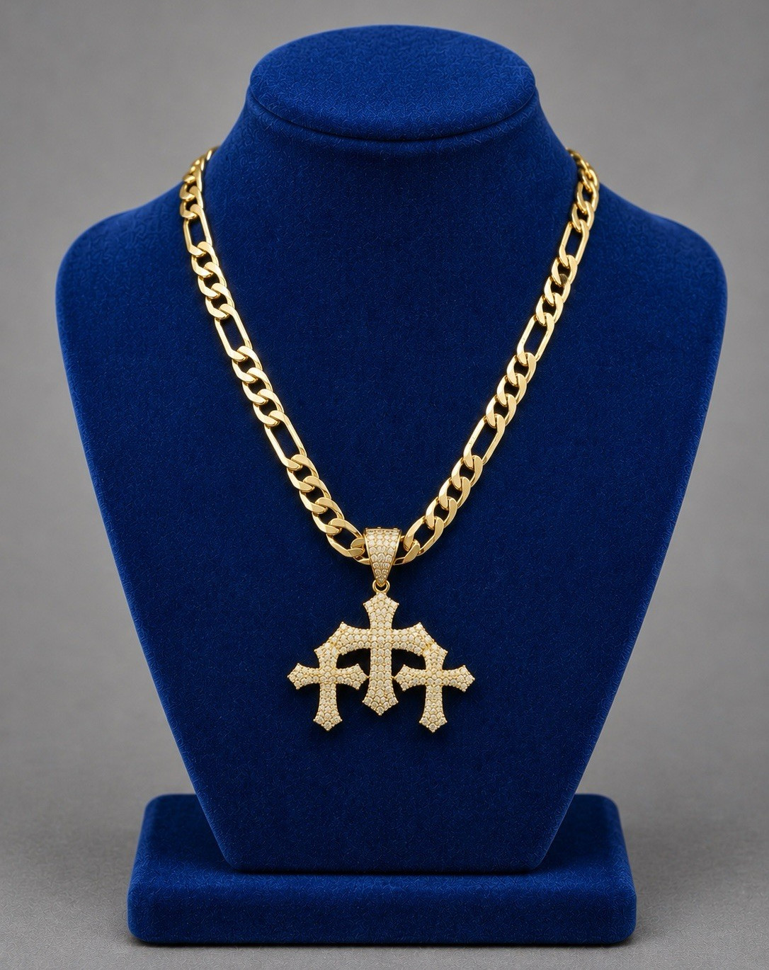 Gold plated top quality none tarnished Curb Chain Triple Cross CZ Pendant