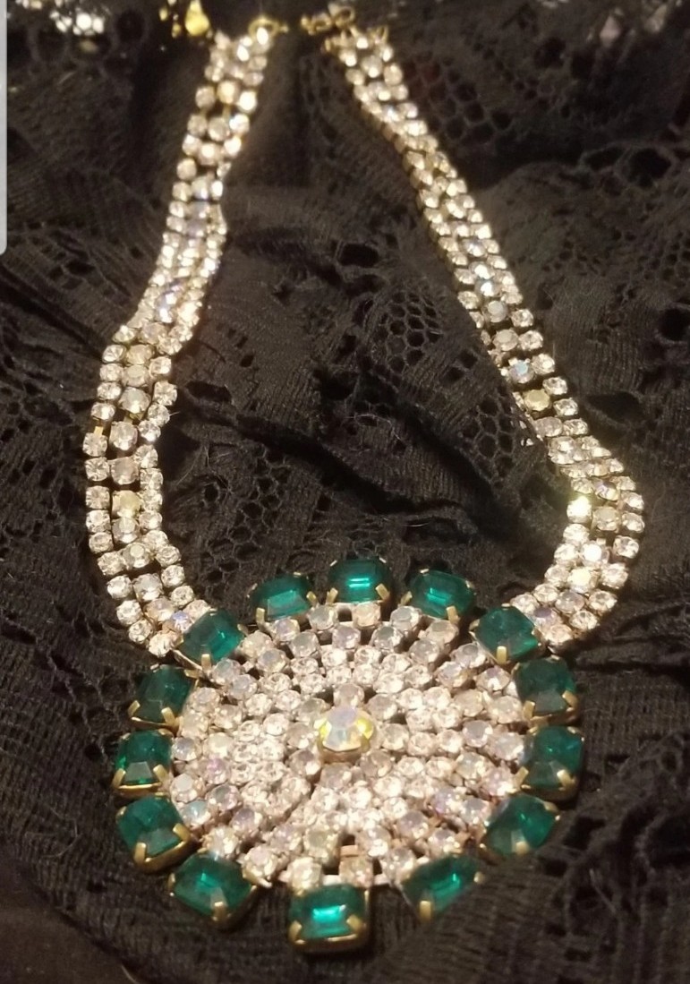 Bijoux M.G. Czech Republic 1940-1950 Antique Necklace,16″, 3″Crystal Medallion