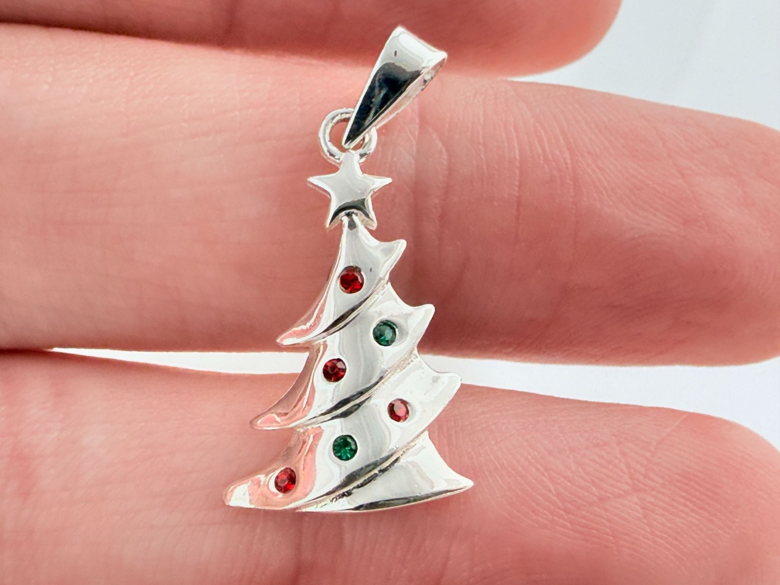 SU Sterling Silver Red and Green Crystal Christmas Tree Pendant 925 1.4g 7/8 In
