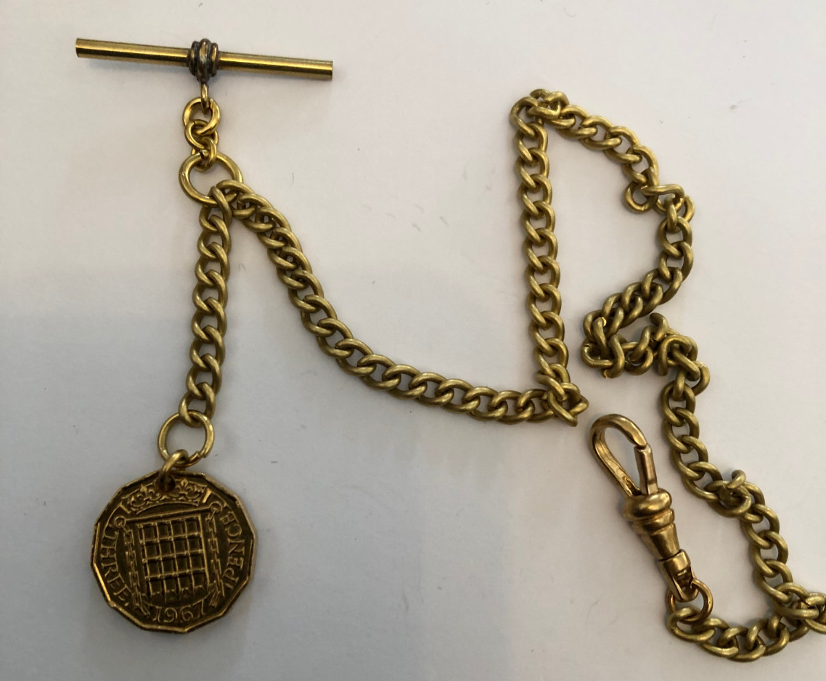 vintage type solid brass single albert pocket watch chain three pence 3d fob