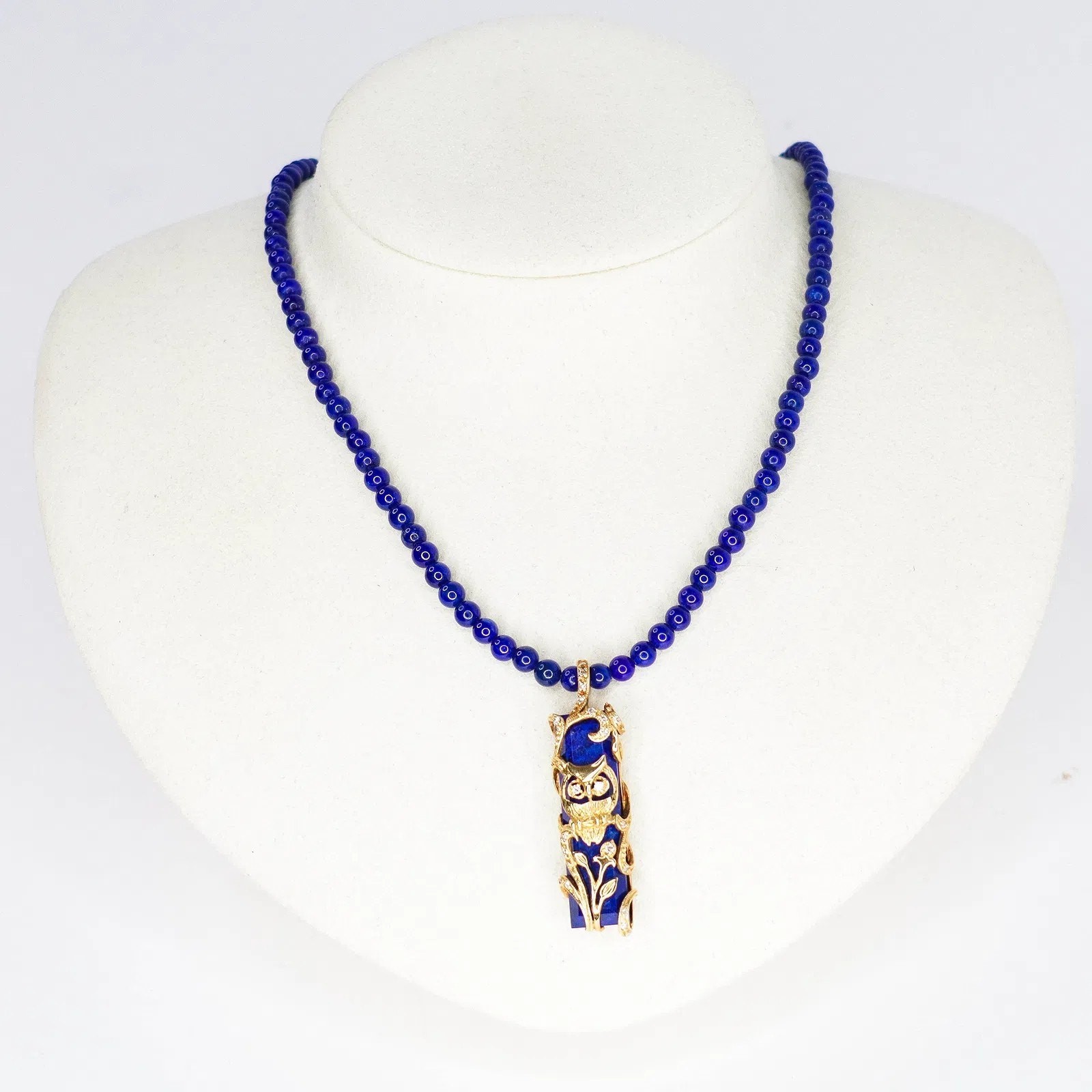 18K Yellow Gold Diamond Owl Pendant Lapis Lazuli Bead Necklace 18″