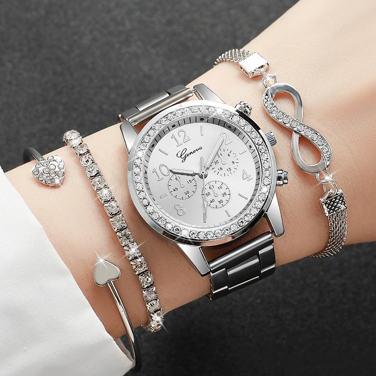 4PCS/Set Fashion Rhinestone Women Watches Luxury Steel Band Ladies Quartz Watch