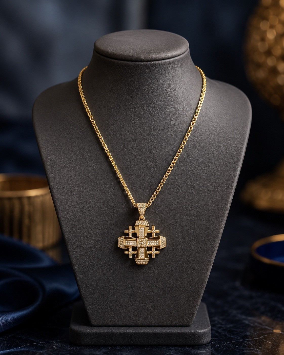 Yellow Gold Plated Curb Chain Cross Charm Necklace Clear Rhinestone Pavé