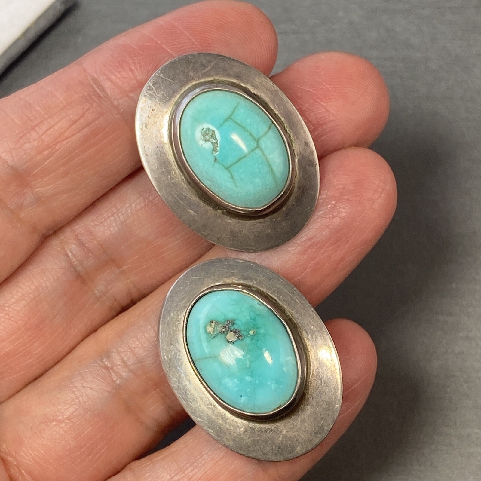 Vintage Modernist Clip-On Earrings Turquoire Sterling Estate Fine Jewelry PreOwn