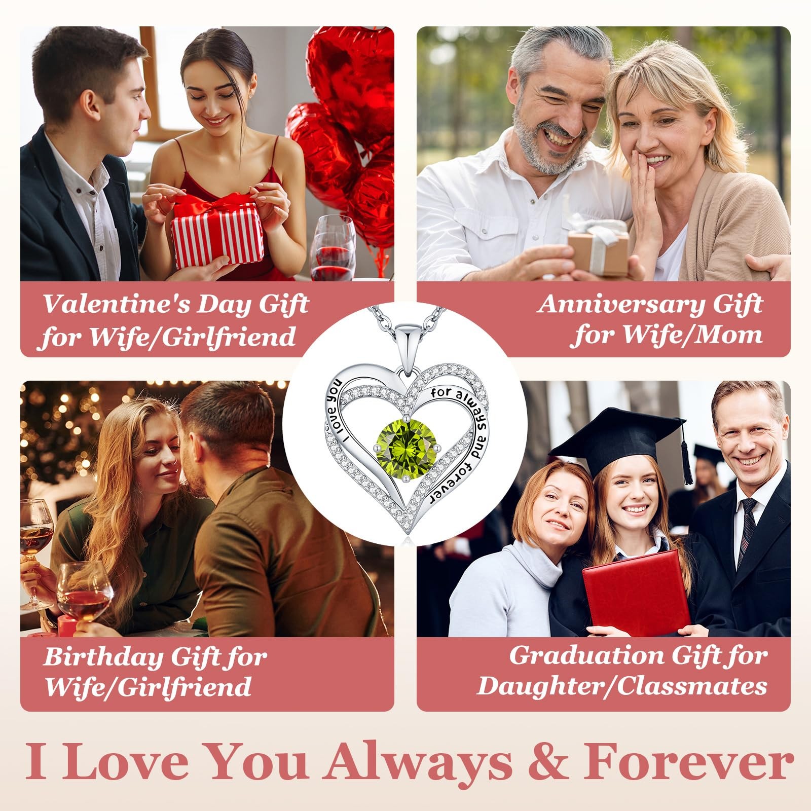Engraved Forever Love Heart Birthstone Necklace Jewelry Gifts for Women