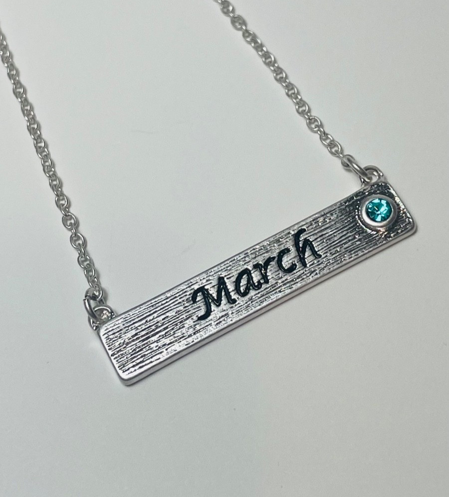 Personalized March Birthstone Necklace Bar Pendant Dainty Silver Plated
