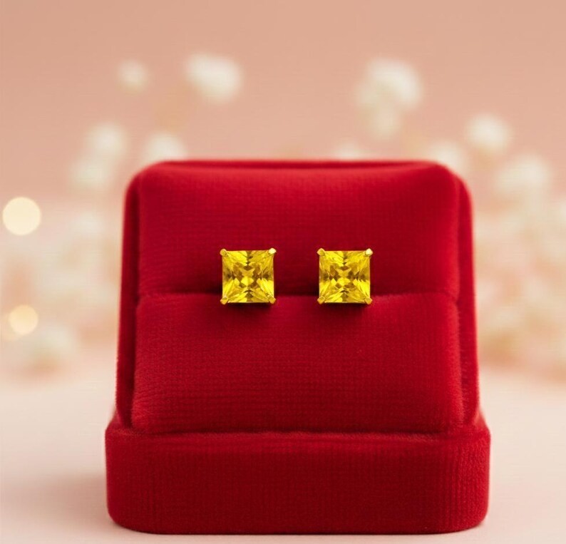 Yellow Square Stud Earrings | 925 Sterling Silver, Minimalist
