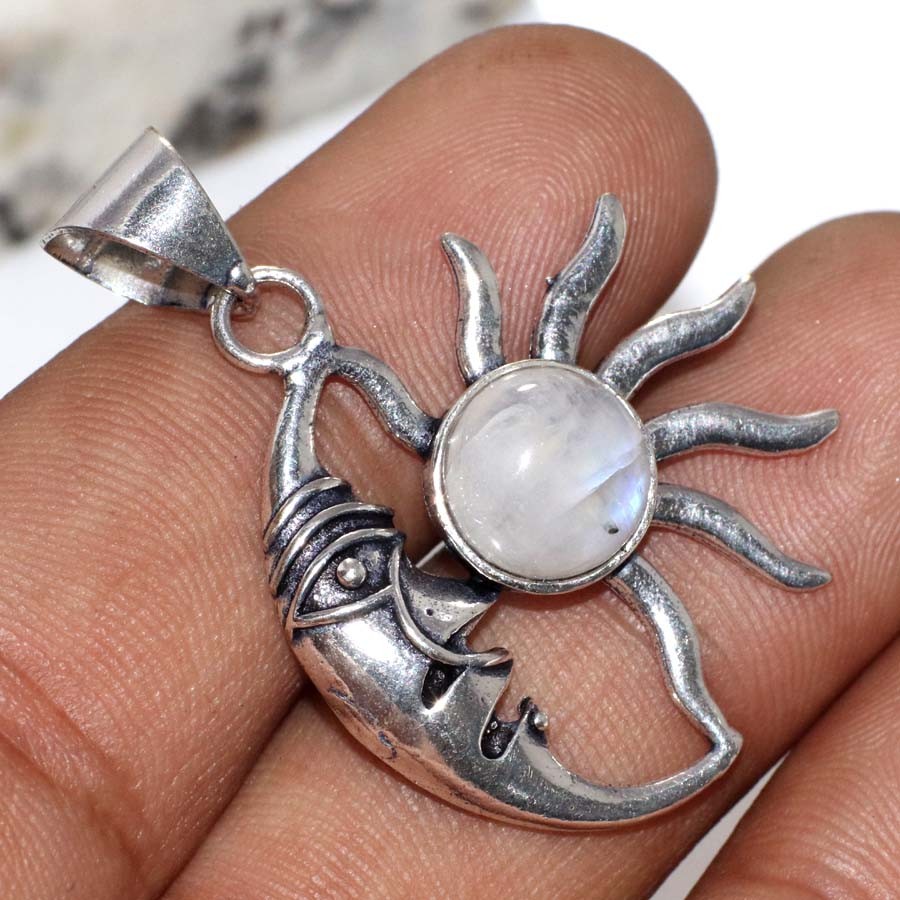 925 Silver Plated Rainbow Moonstone Pendant 1.6″ Everyday Wear Design Trendy GW
