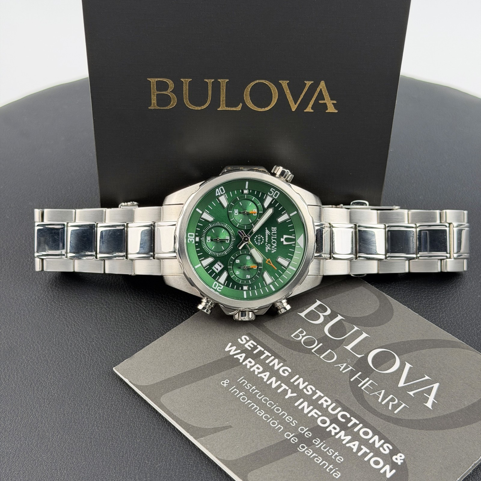 Men’s Bulova Marine Star Green Dial Chronograph 96B396 Quartz New Watch 43mm