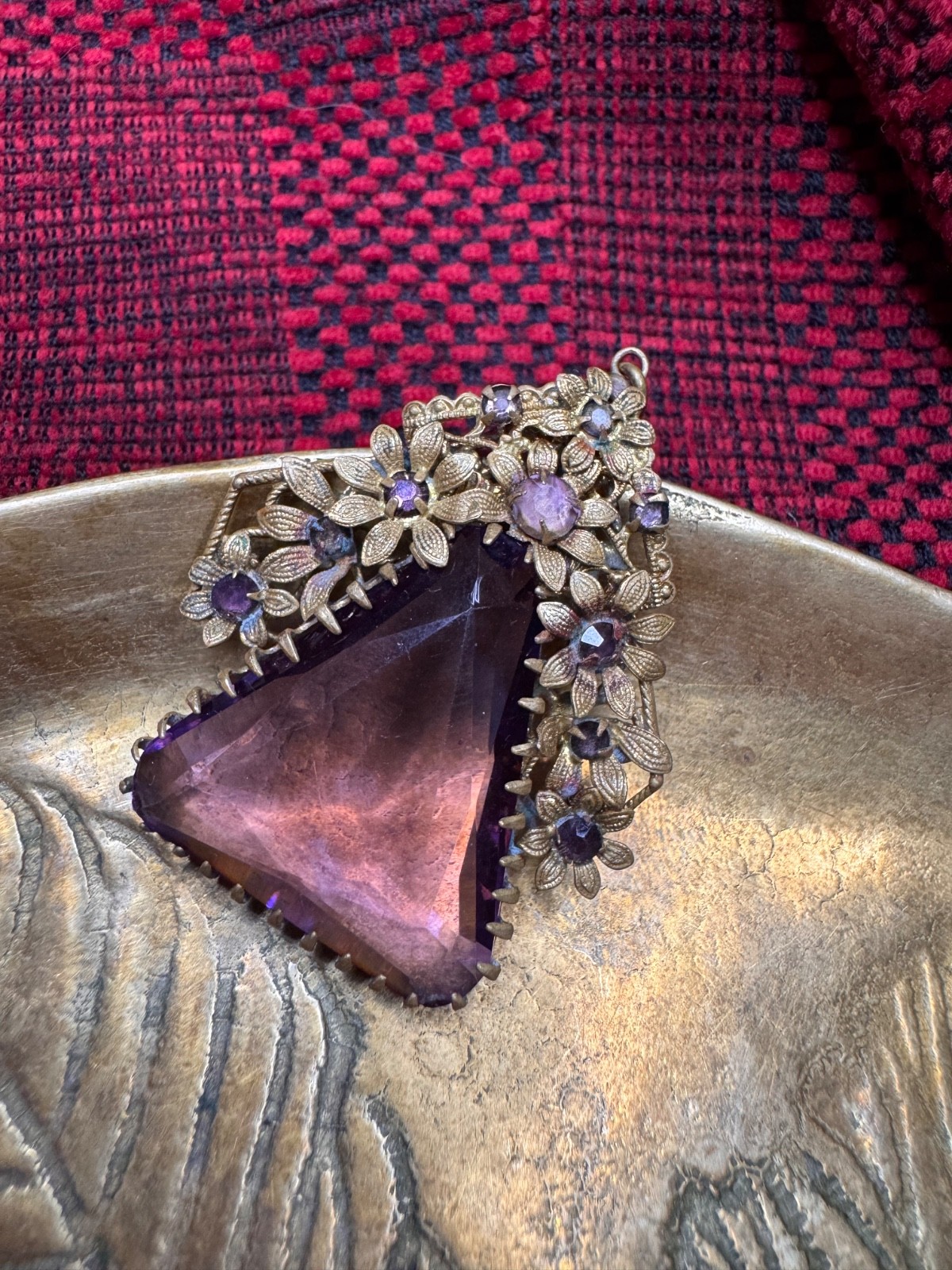 RARE Vintage Czech Amethyst Glass Filigree Flower Triangle Pendant Art Deco 50s