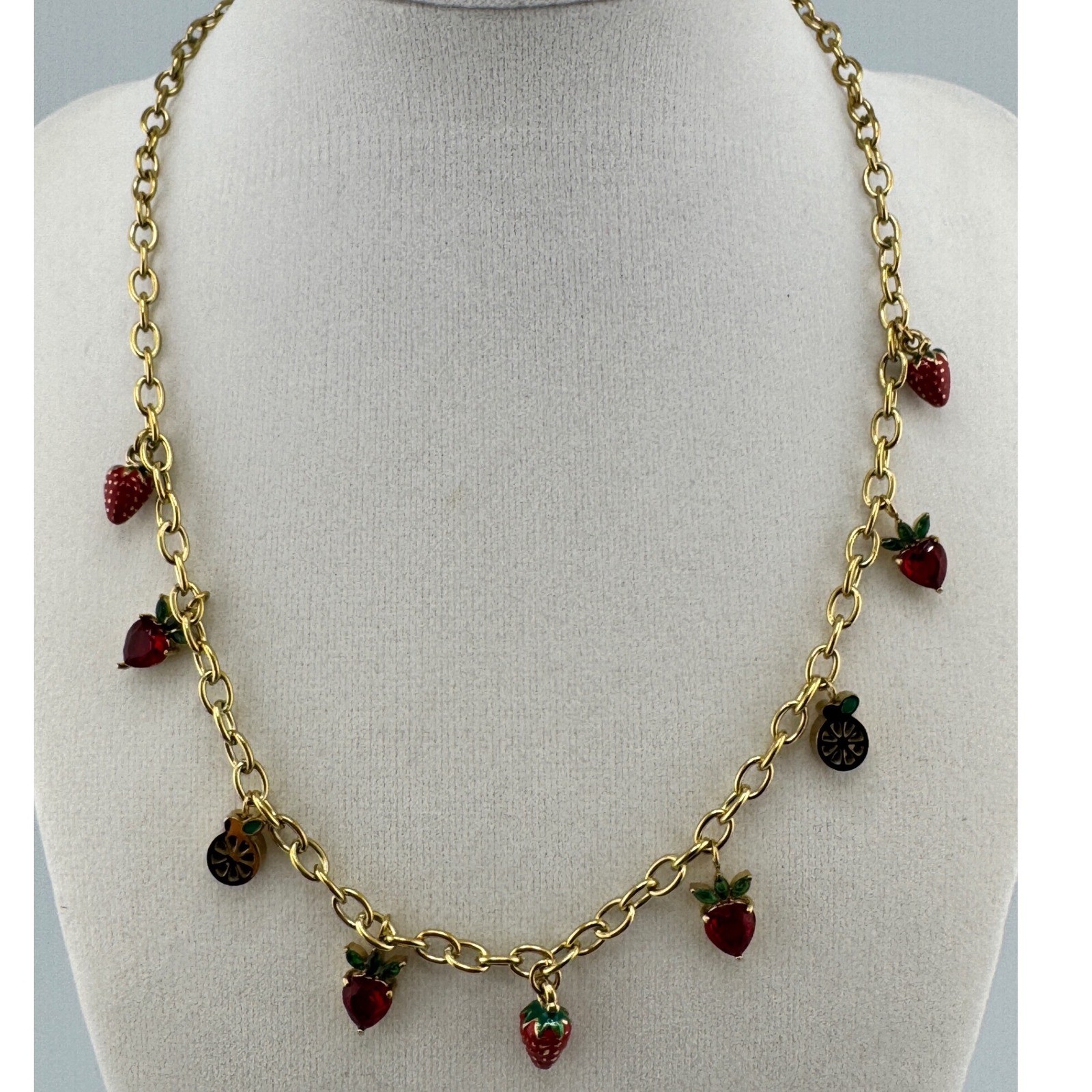 Gold Tone Strawberry Citrus Fruit Charm Chain Necklace Red Crystal