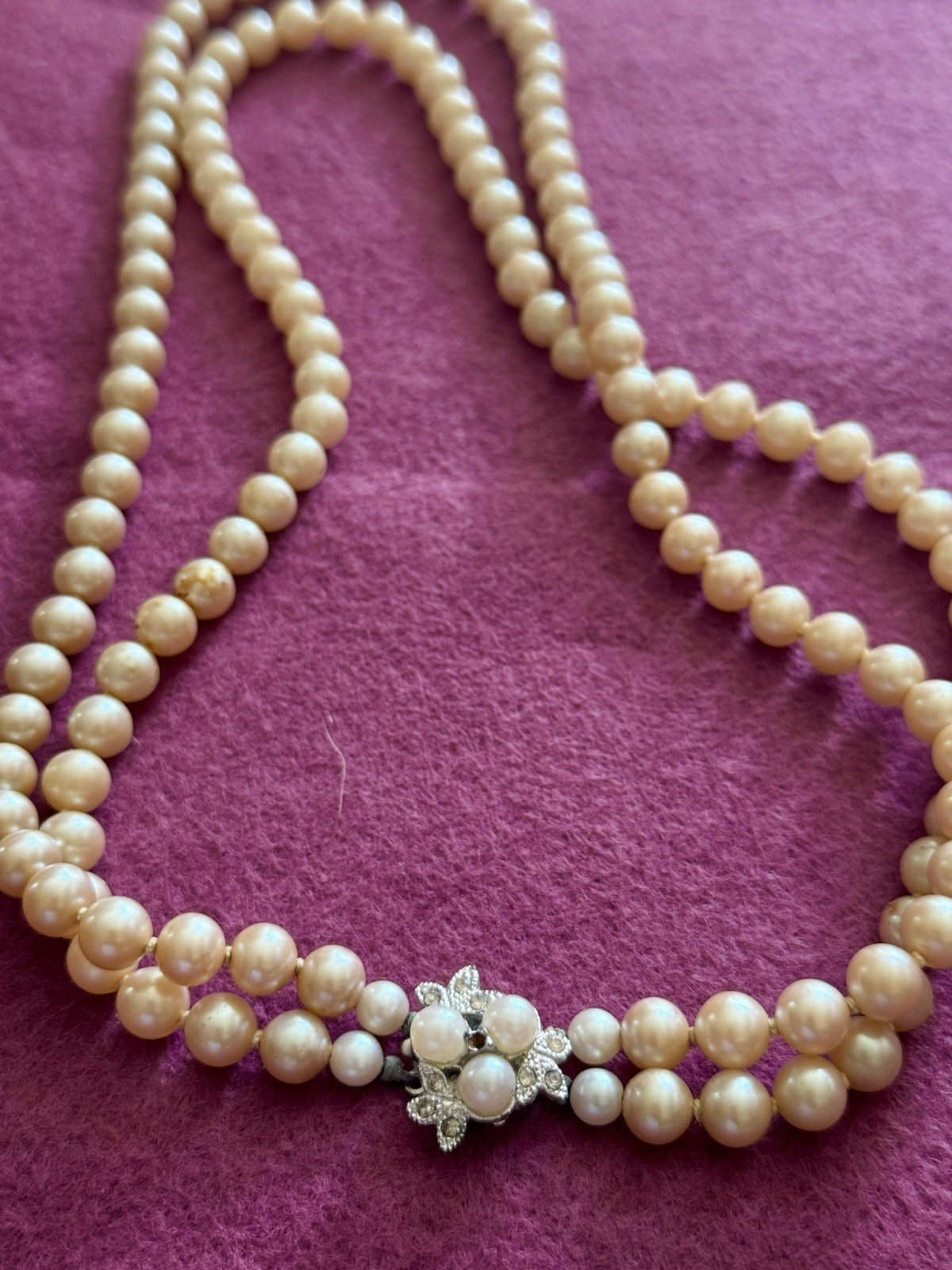Pink Pearl & Crystal Double Strand Beaded Necklace, Flower Rhinestone Clasp