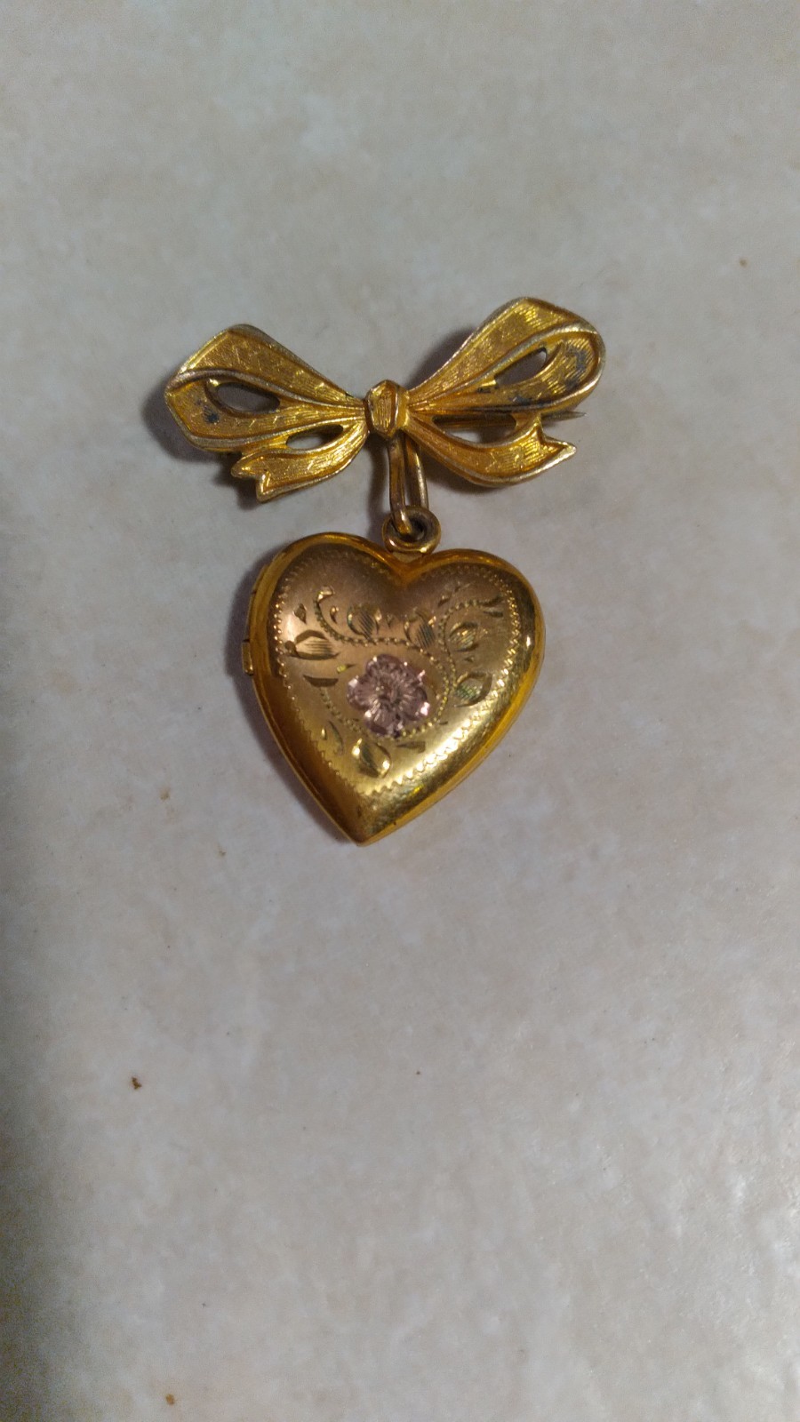 Pretty Sweetheart Locket Brooche With Engraved Floral Motif On Front