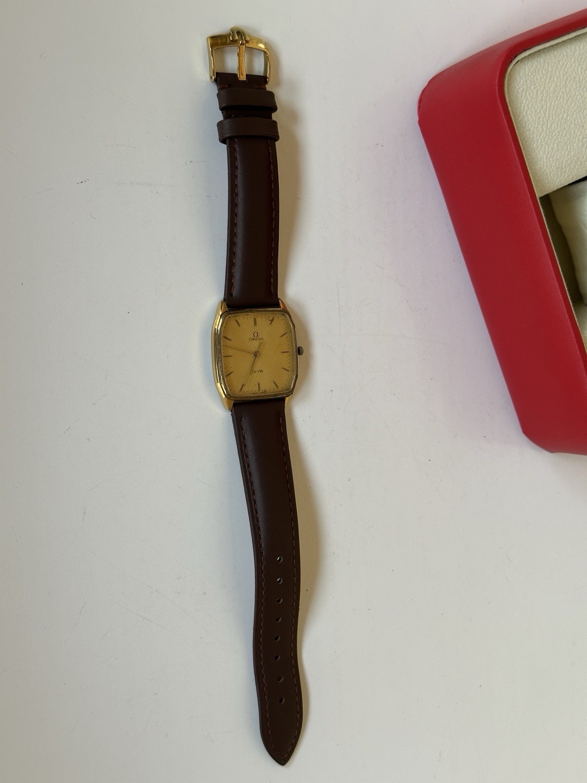 Vintage Omega De Ville 191.0182 Gold Plated Quartz 30x37mm Tapestry Dial Boxed