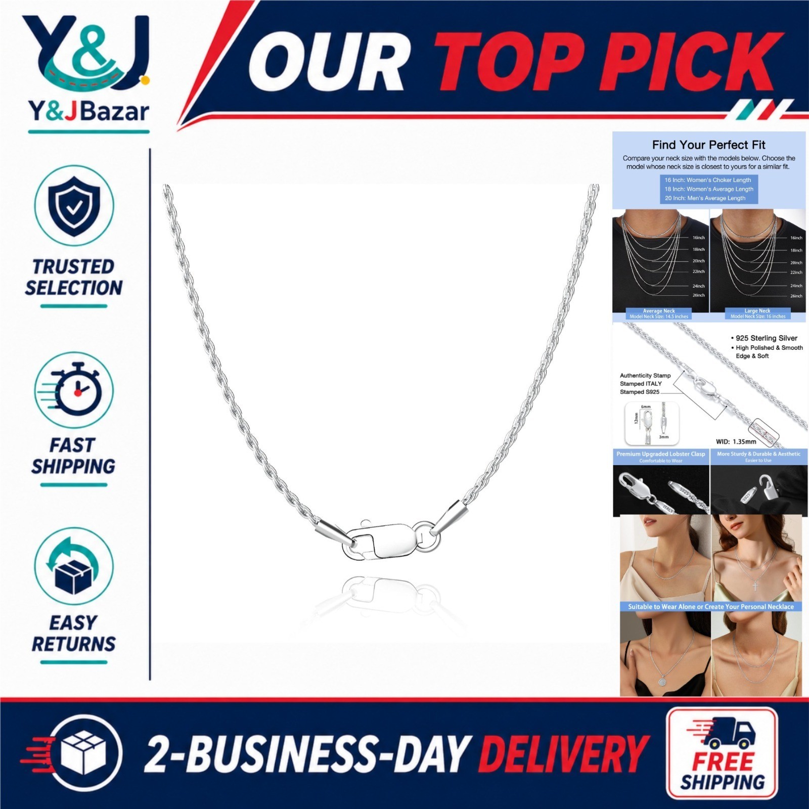 Jewlpire 925 Sterling Silver Rope Chain Necklace 18K Gold Plated 1.35mm