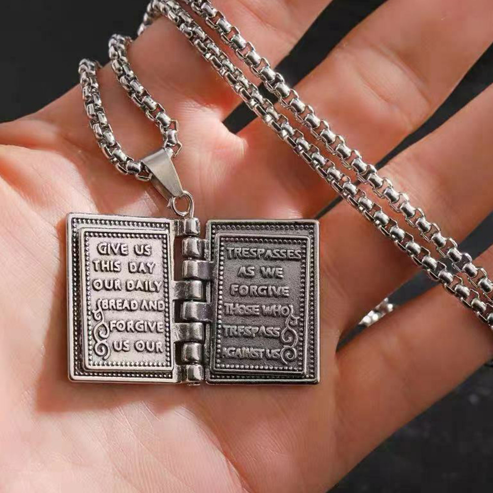 2PCS Lord’s Prayer Holy Bible Open Pages Locket Pendant Necklace 925 Silver USA