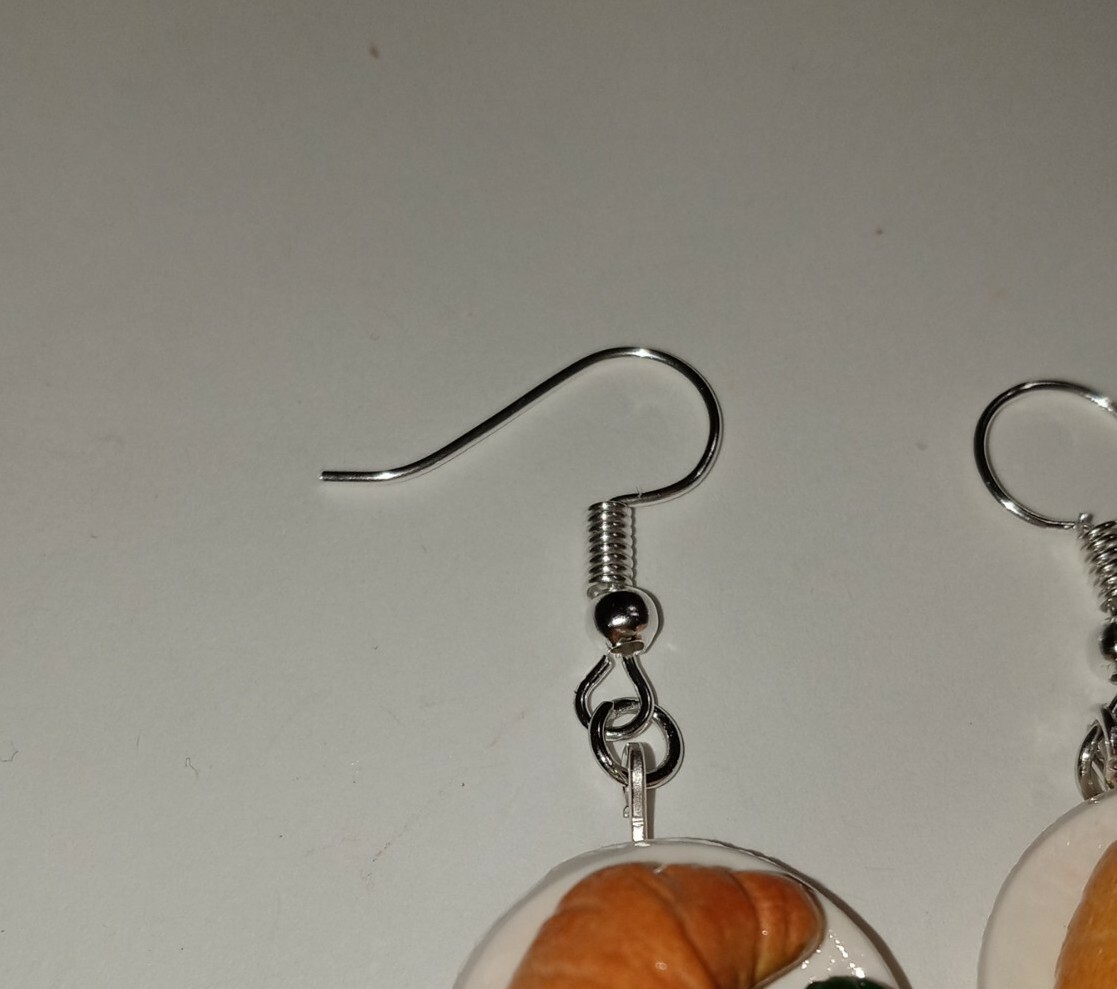 Croissant And Fruit Plate Earrings Silver Wire Bread Fruit Chocolate Dip