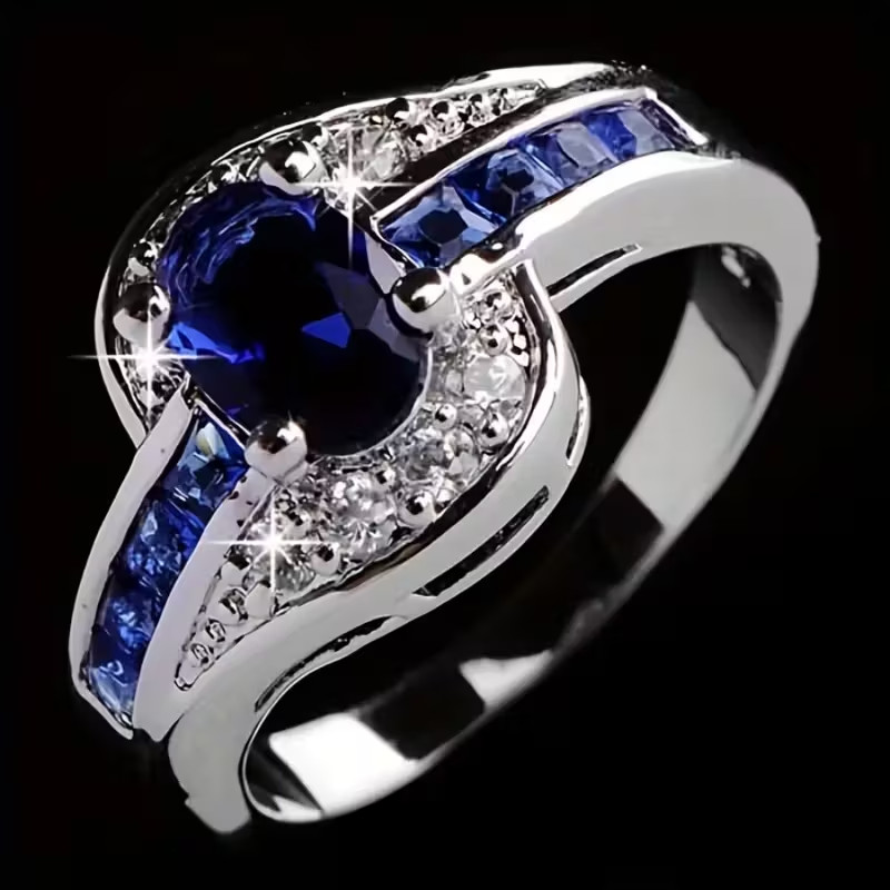 Beautiful Dark Blue Topaz & Cubic Zirconia Ring, Size 10. FREE SHIP IN THE USA!