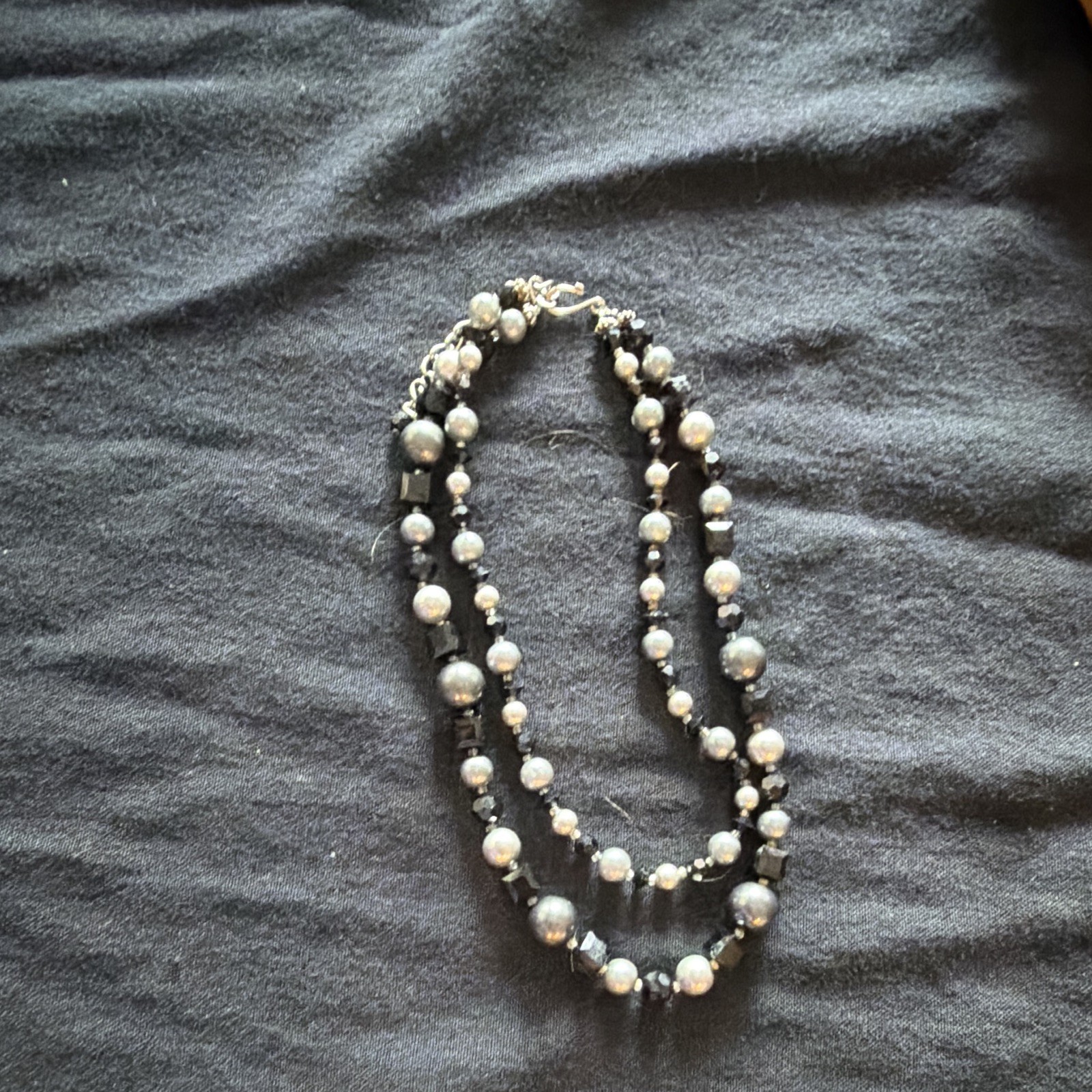 White Faux Pearl Round Beaded Necklace, Black/White Beads, Crystal, Extender