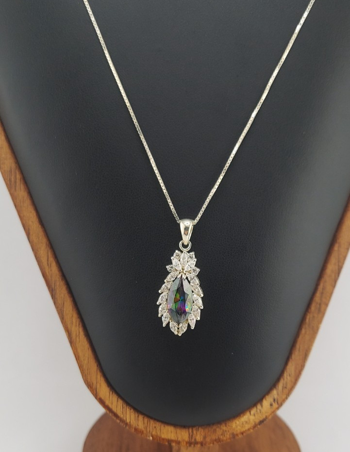 Vintage Signed 3 Ct Marquis Cut Mystic Topaz and White Stone Sterling Necklace