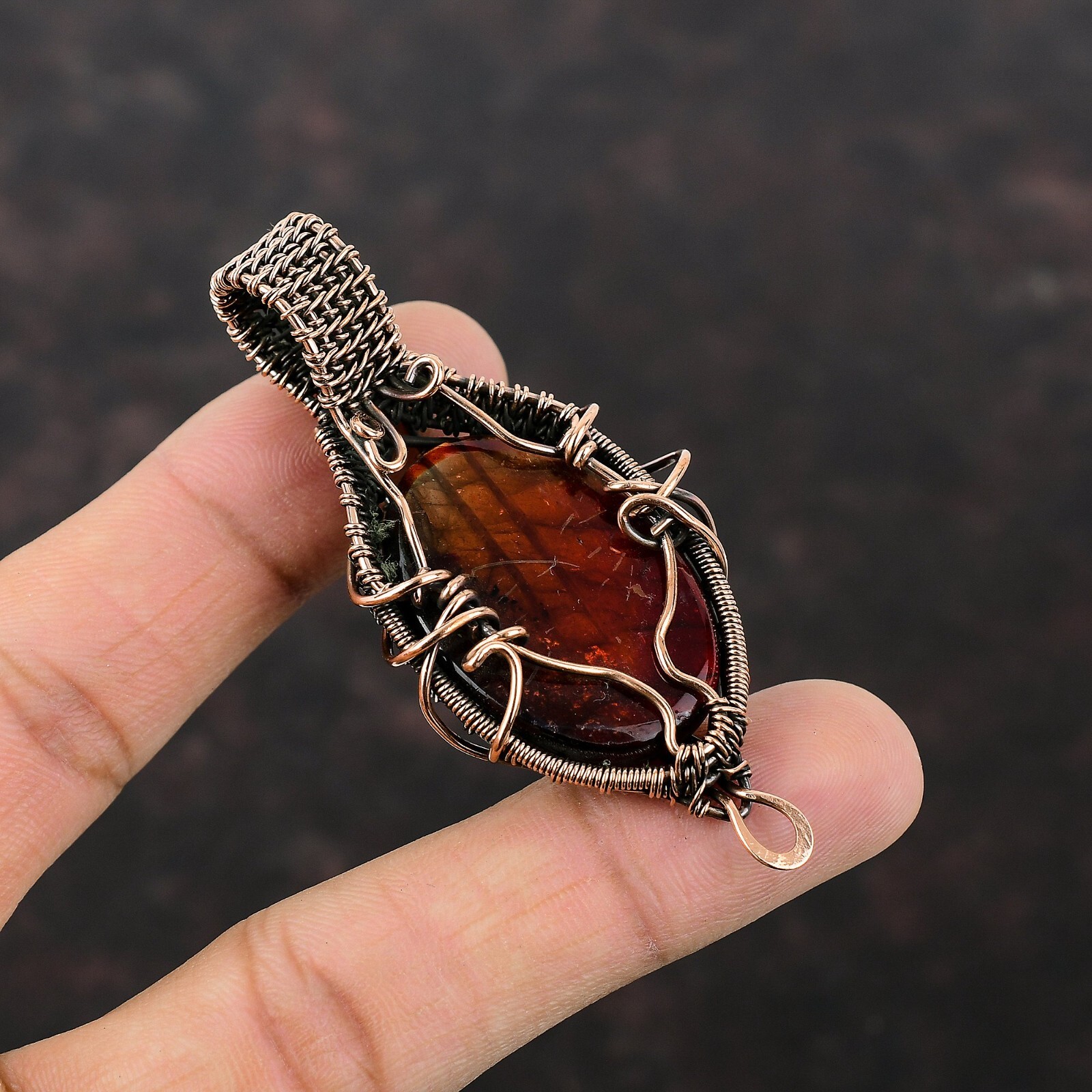 Red Fire Labradorite Copper Gift For Mom Wire Wrapped Pendant 2.76″
