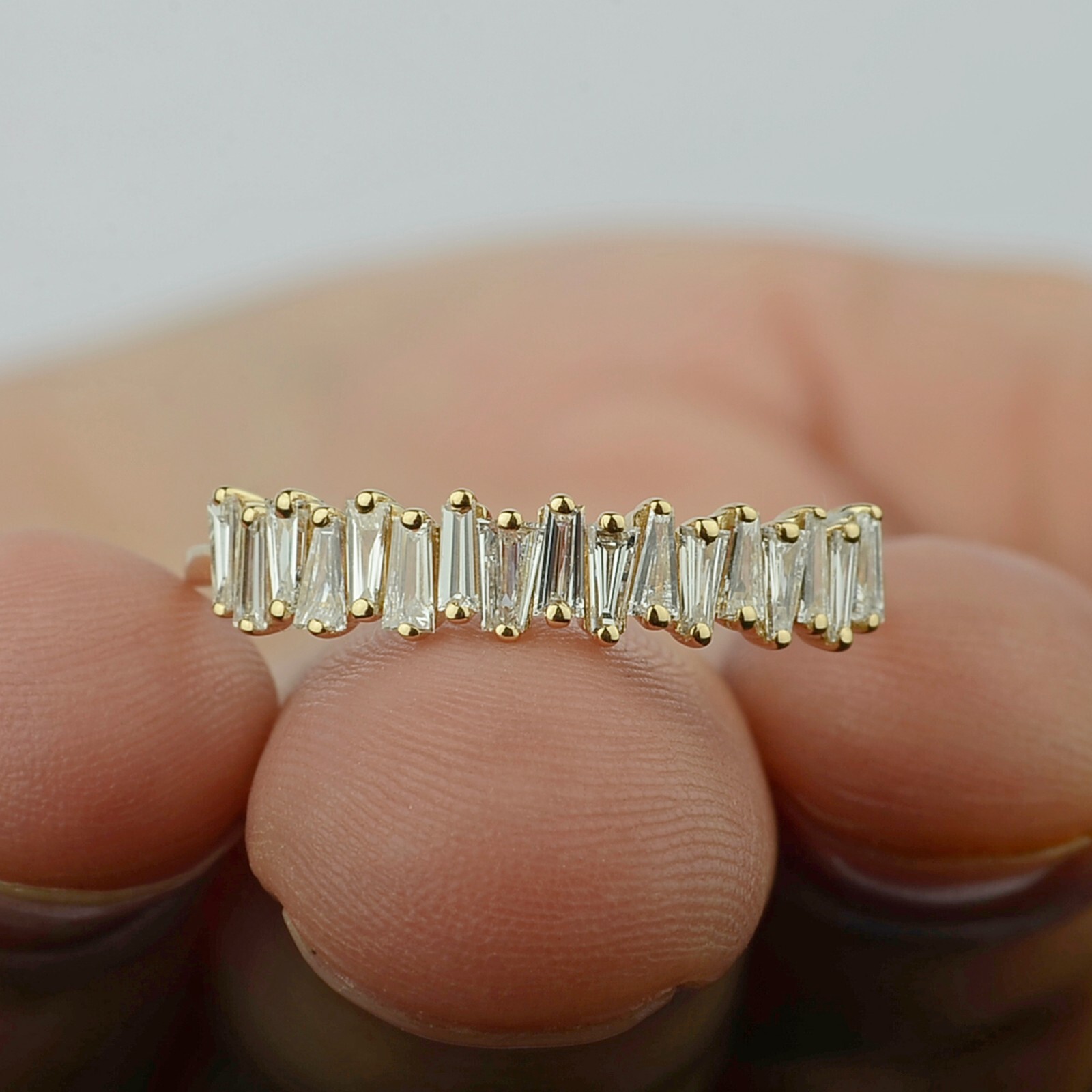 Natural Tapered Zig Zag Baguette Diamond Half Eternity Ring Solid 18K Gold Ring