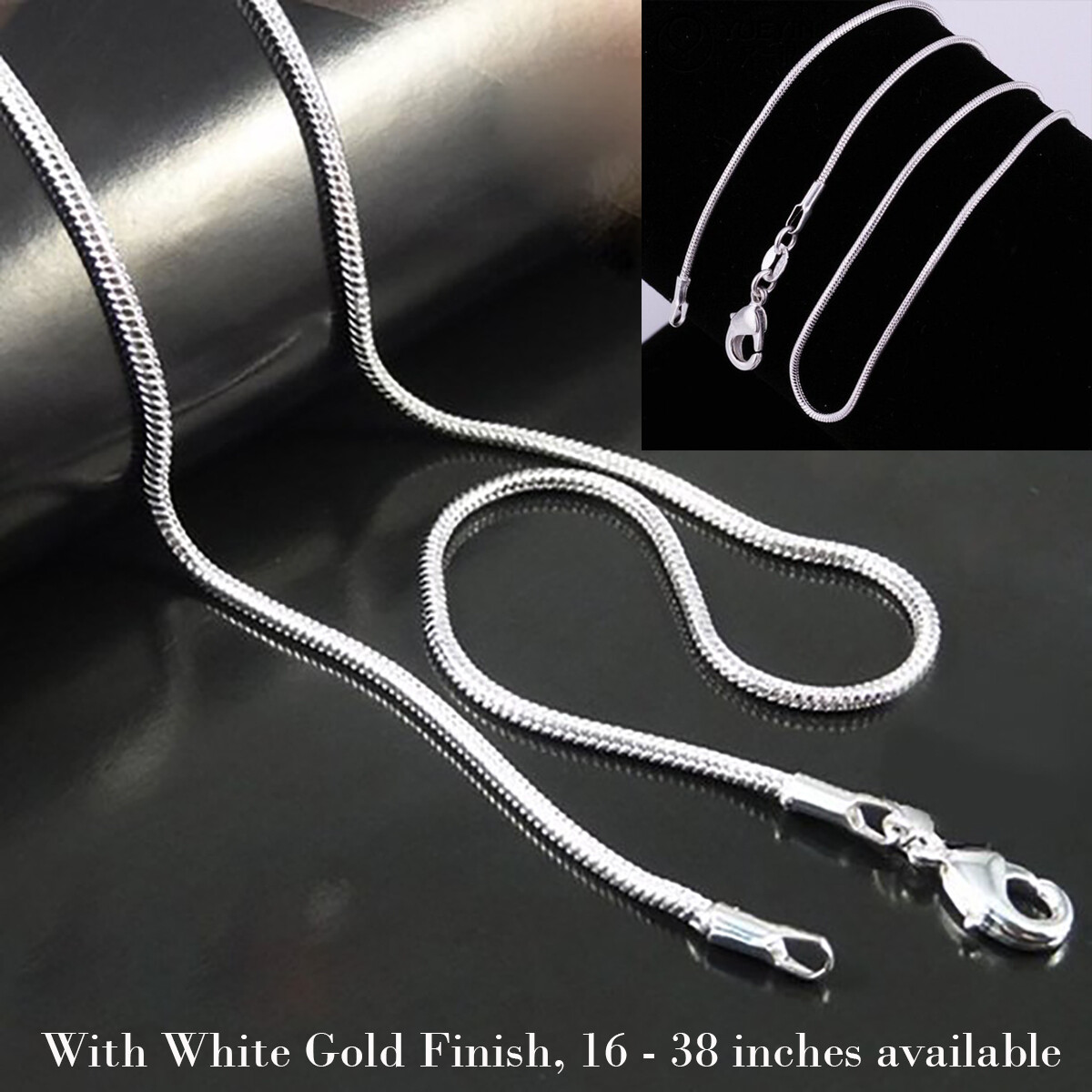 925 Sterling Silver Snake Chain Necklace w/ White Gold Finish, Many Width/Length