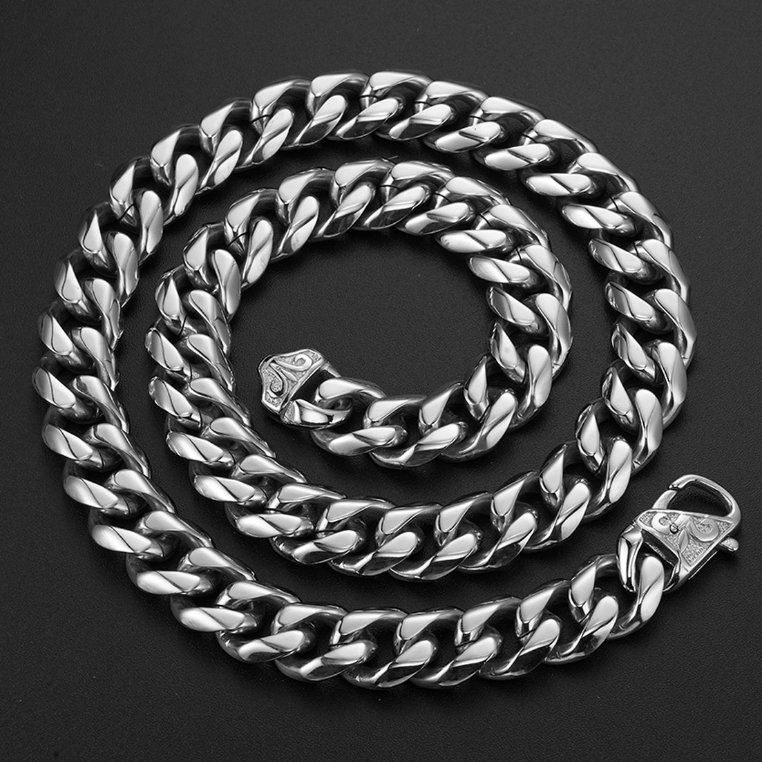 13/15mm Heavy Cut Men’s Chain Stainless Steel Curb Cuban Link Bracelet Necklace