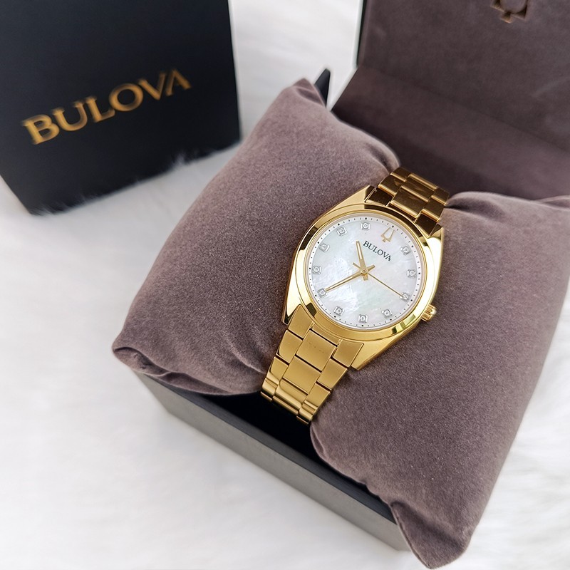 Bulova Surveyor 97P172 Gold Tone Pearl Dial Diamond Quartz Women’s Watch 31mm