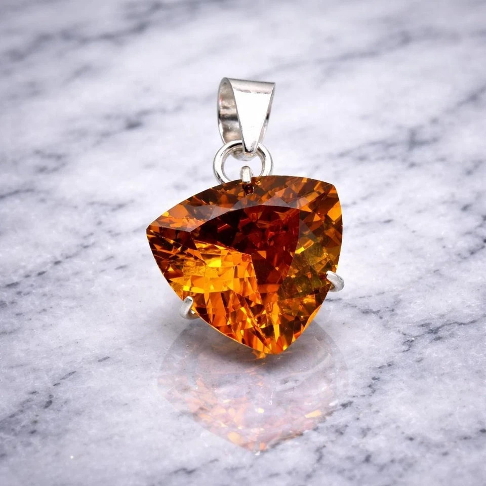 21 Ct Natural Orange Sapphire Trillion Cut Gemstone 925 Solid Silver Pendant