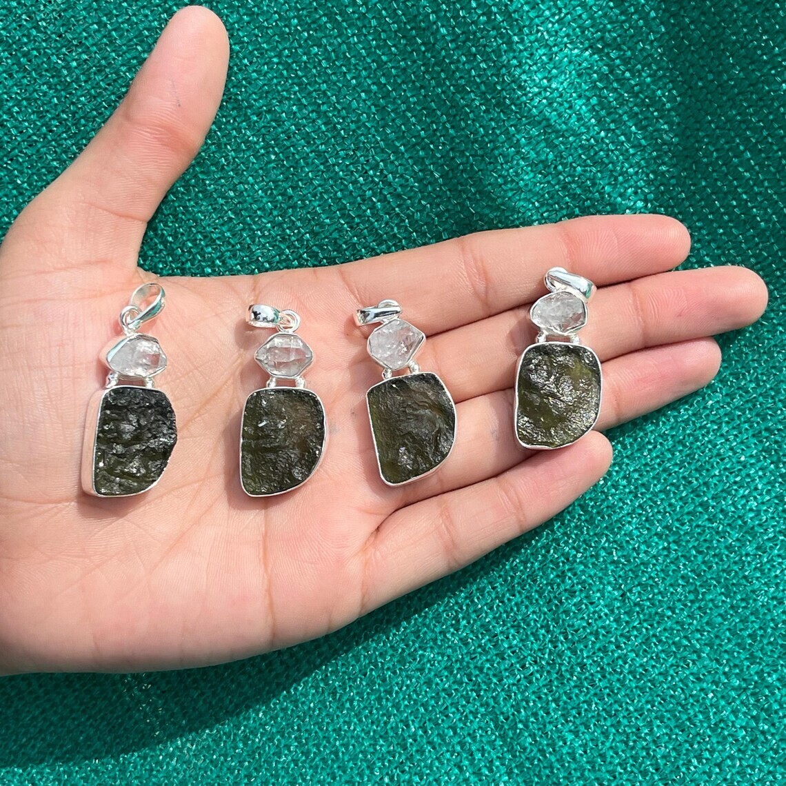 Certified Czech Republic Moldavite Herkimer Pendant 925 Sterling Silver Jewelry