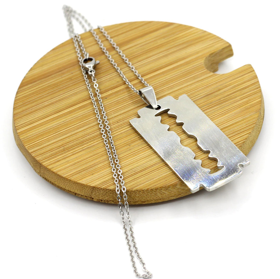 Silver Stainless Steel Silver-Tone Razor Blade Pendant Necklace