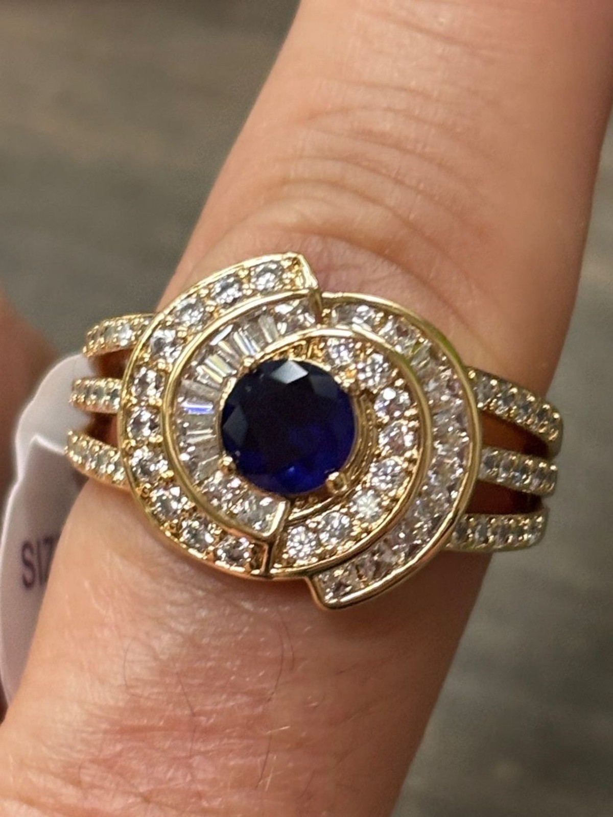 Bomb Party Gold and Blue Sapphire Halo Cocktail Ring – Size 9