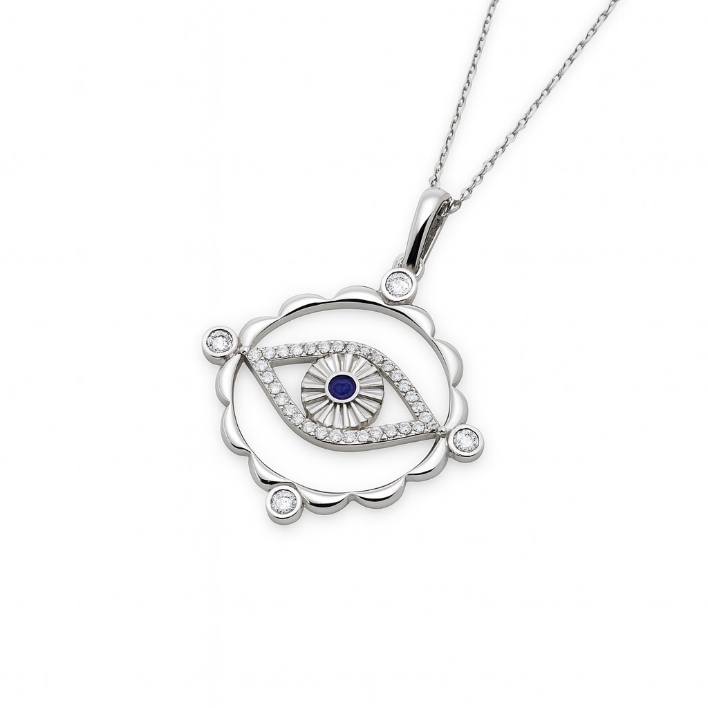 14k Gold Evil Eye Pendant Necklace Lab-Created Sapphire Diamond Protective Charm