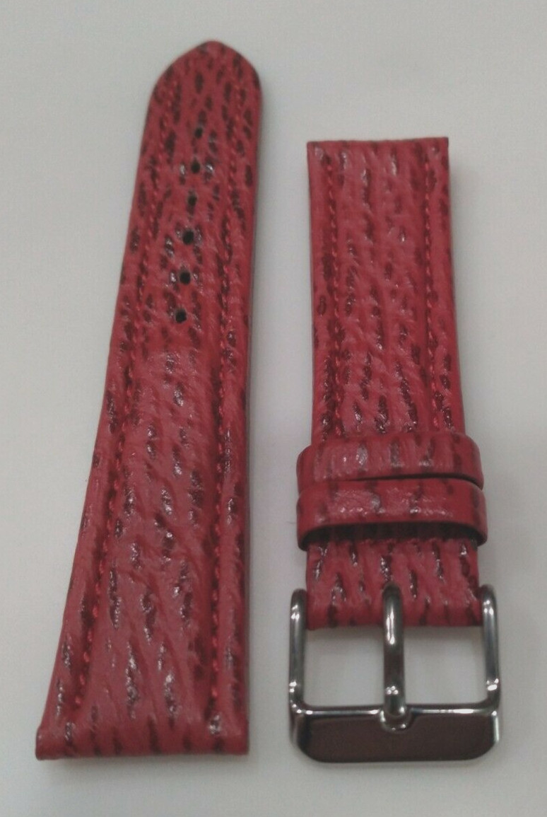 Red Genuine Shark Sharkskin 20mm Regular Padded Watch Band Silver Tone Buckle